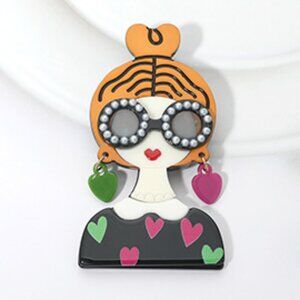 Resin Retro Girl with Glasses Pin Brooch